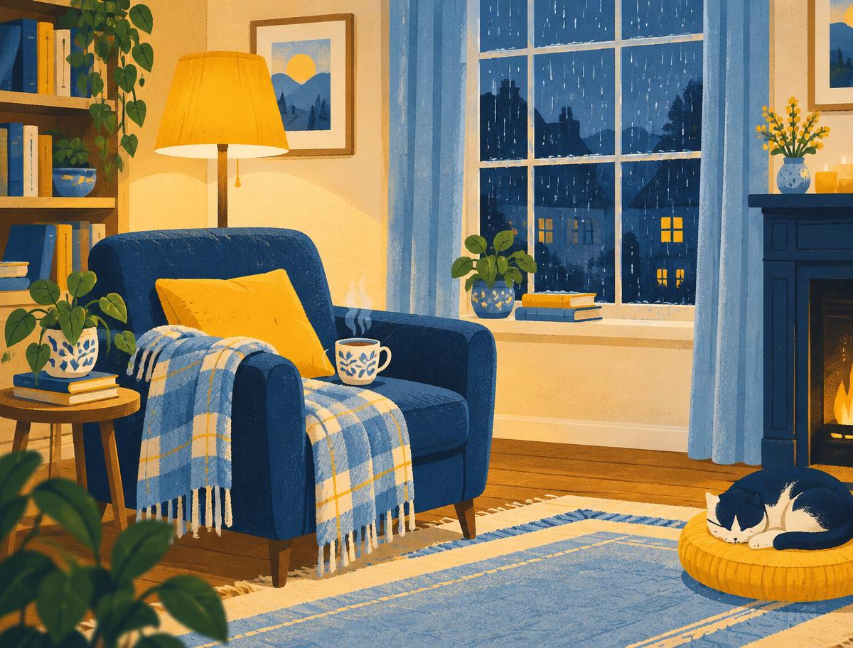 Illustration of a warm living room with an armchair, a cup of tea, and rain on the window